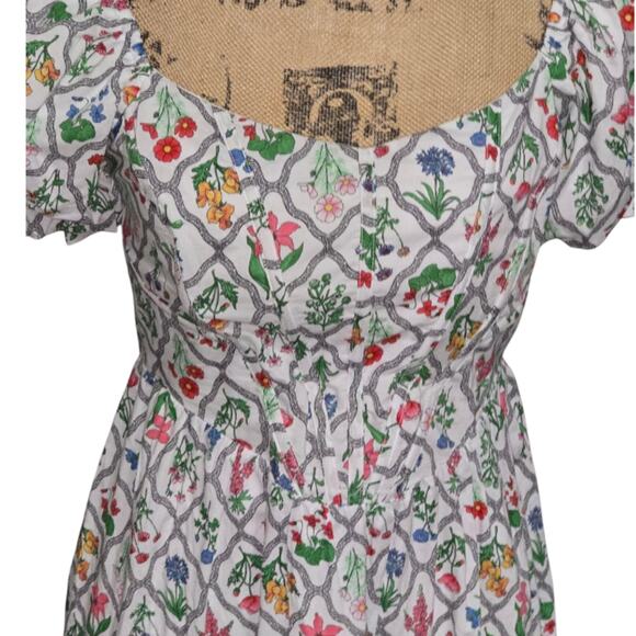 Anthropologie X Moon River Puff Sleeve Corset Midi Dress Ivory Multi Floral Med - Picture 4 of 11